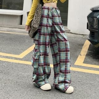 High Rise Plaid Wide Leg Cargo Pants