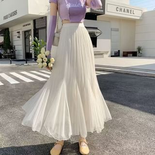 High Rise Plain Accordion Pleated Mesh Midi Mermaid Skirt