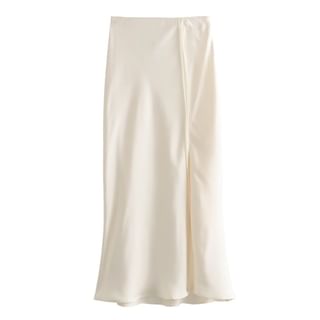 High Rise Shirred Midi Mermaid Satin Skirt