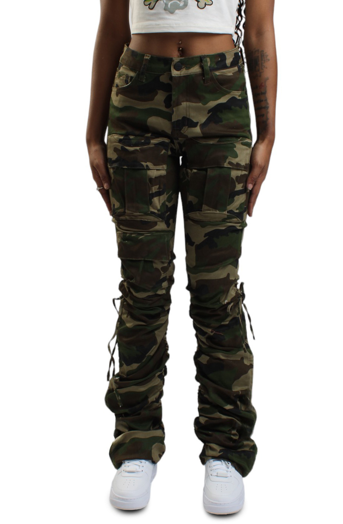 High Rise Strap Bootcut Twill Pants Wood Camo