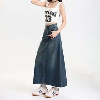 High Rise Washed Denim Maxi A-Line Skirt