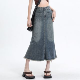 High Rise Washed Frayed Midi Mermaid Denim Skirt