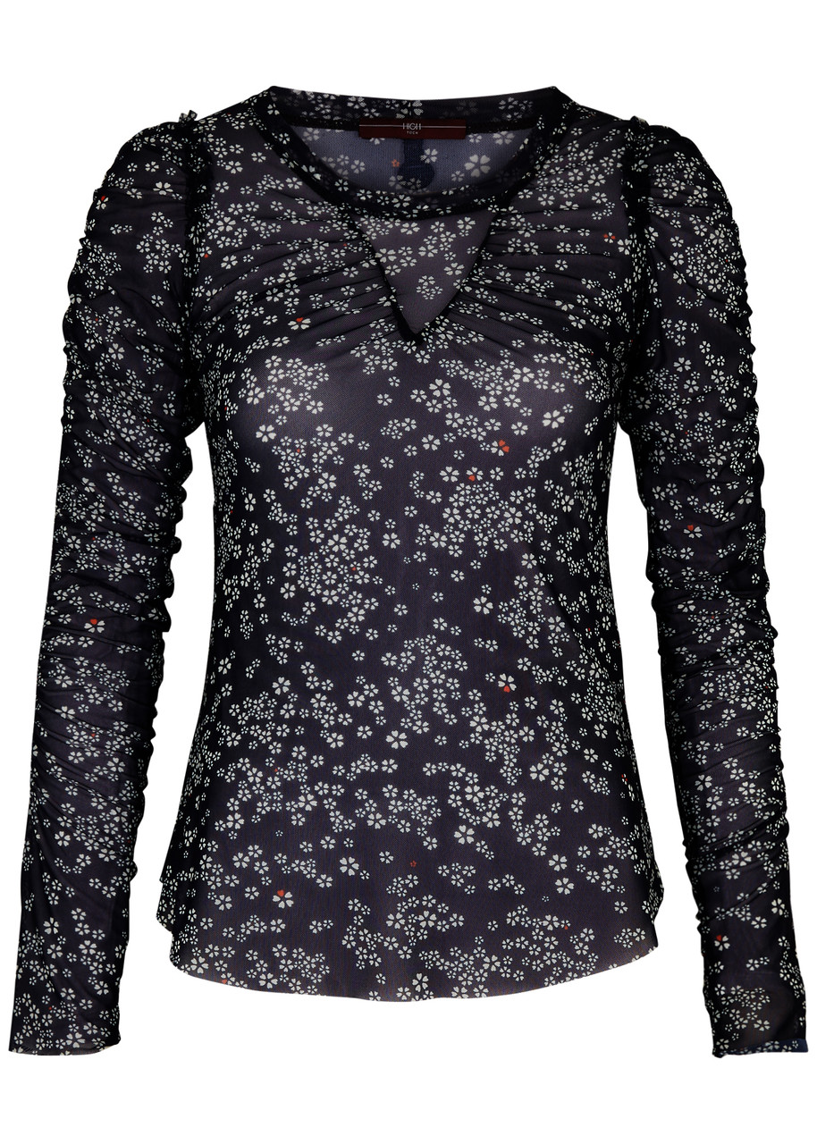 High Risque Floral-print Mesh top - Navy - S