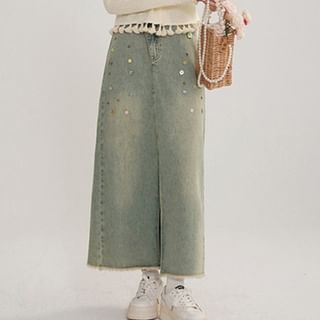 High Waist Asymmetrical Button Accent Washed Frayed Slit Maxi A-Line Denim Skirt