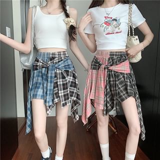 High Waist Asymmetrical Plaid Panel Tie Front Mini A-Line Skirt