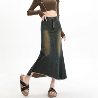 High Waist Asymmetrical Washed Midi Mermaid Denim Skirt