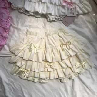 High Waist Bow Ruffle Trim Mini Tiered Skirt