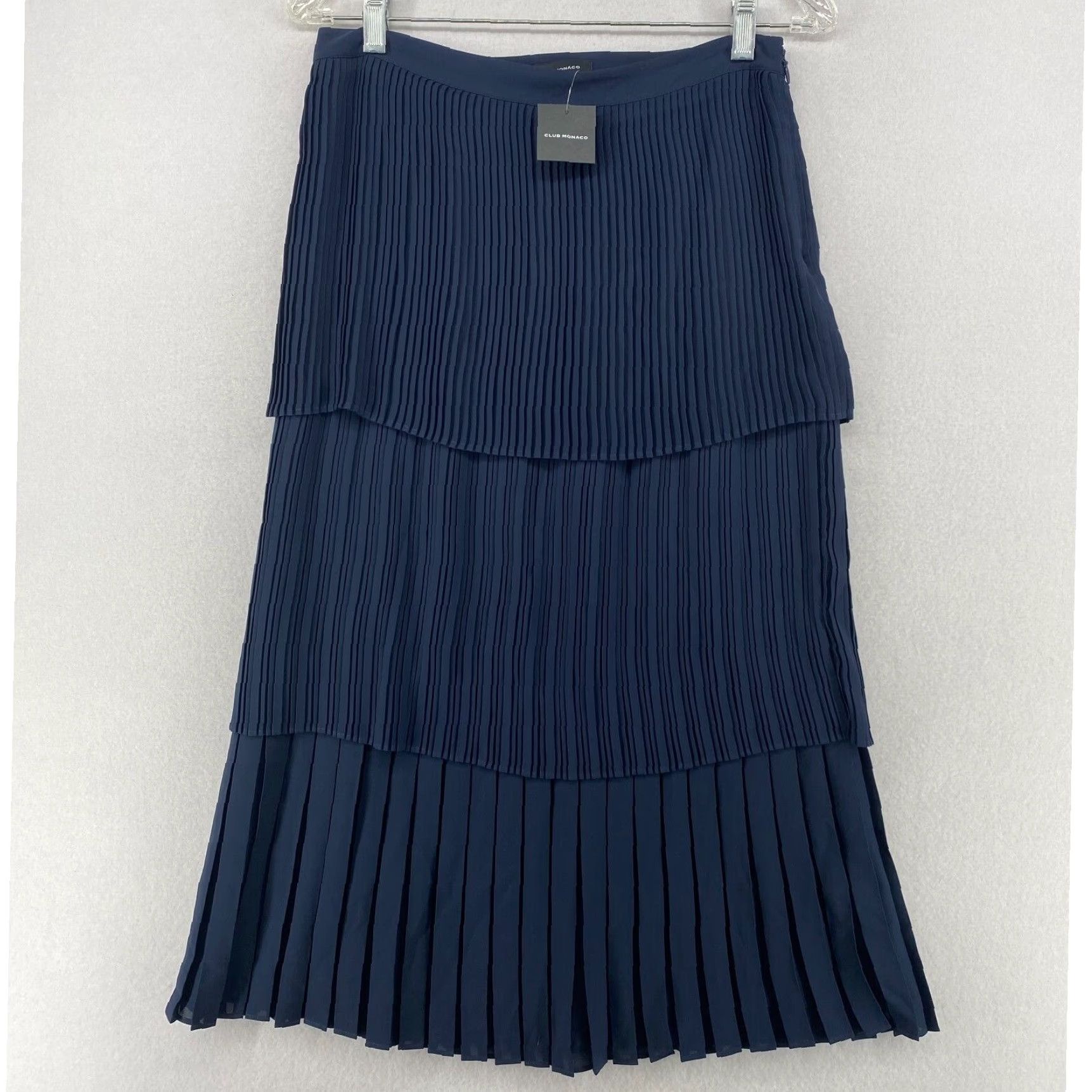 High Waist Crepe Midi Skirt With 4 Tiered Pleats And Side Zip In Blue From Club Monaco New in White, Women's (Size 27)