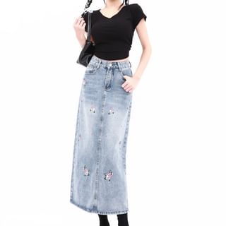 High Waist Floral Embroidered Washed Midi A-Line Denim Skirt