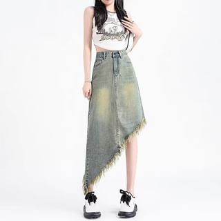 High Waist Frayed Asymmetrical Denim Skirt