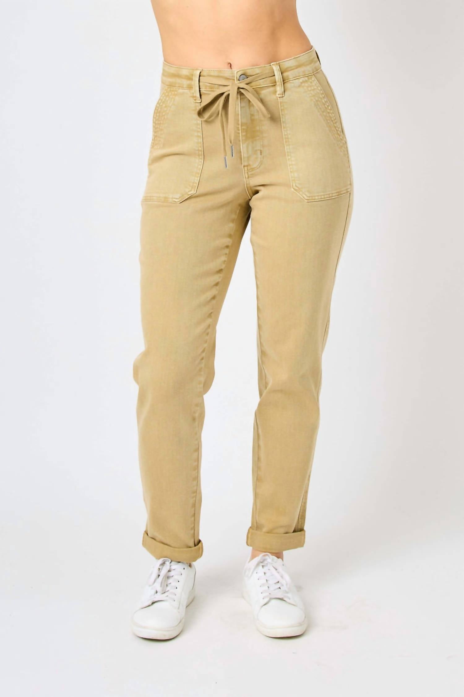 High Waist Garment Dyed Cuffed Joggers In Khaki