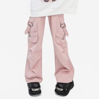 High Waist Lettering Embroidered Star Buckled Flared Cargo Pants