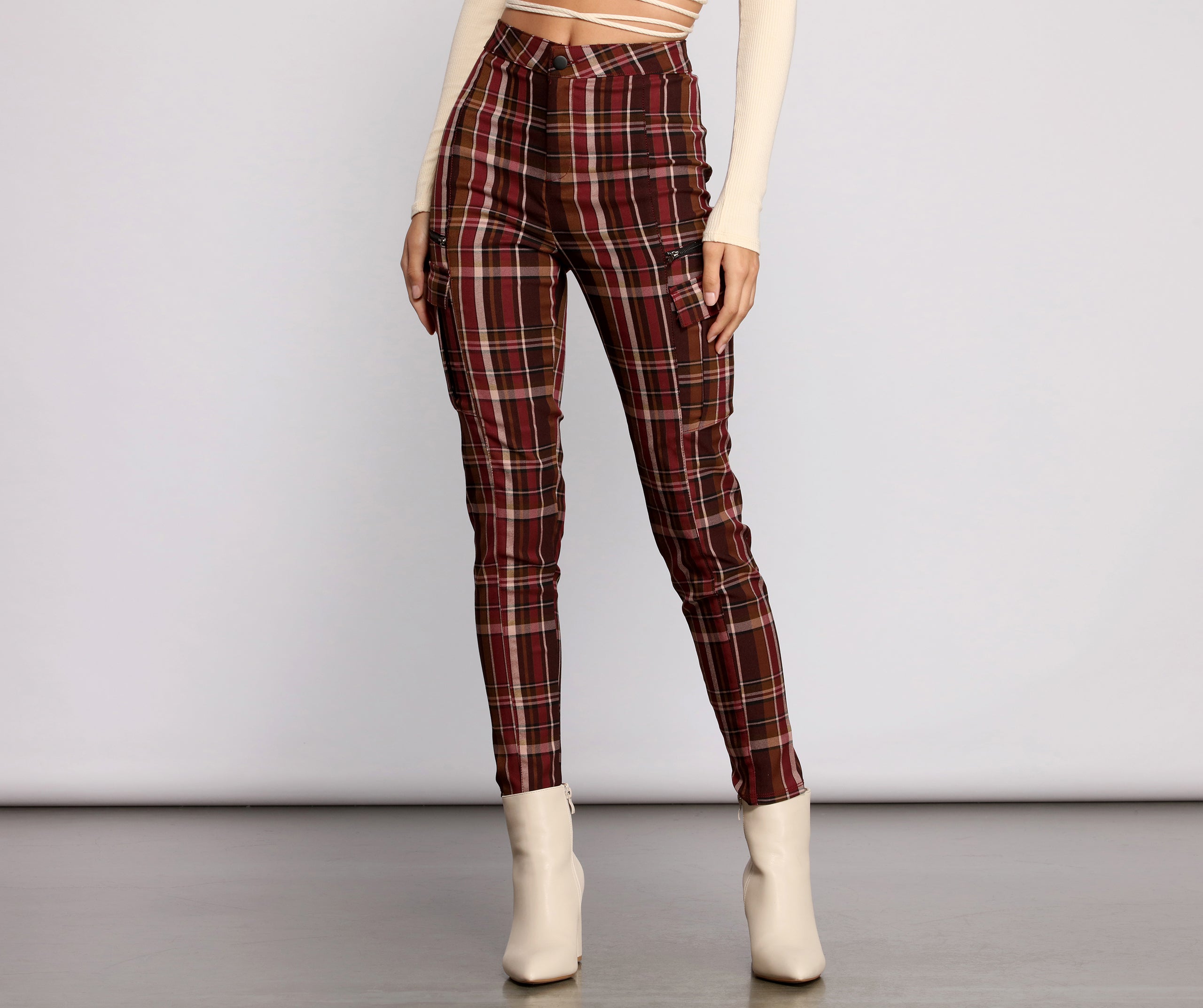 High Waist Plaid Cargo Skinny Pants