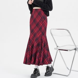 High Waist Plaid Midi Mermaid Skirt