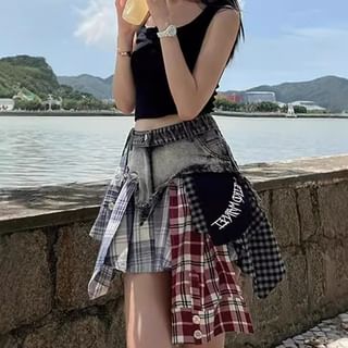 High Waist Plaid Patchwork Asymmetrical Denim Mini A-Line Skirt