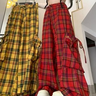 High Waist Plaid Wide Leg Cargo Pants