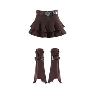 High Waist Plain Layered Ruffle Mini A-Line Denim Skirt / Buckled Frayed Leg Warmers / Belt / Set