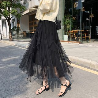 High Waist Ruffled Asymmetrical Midi A-Line Mesh Skirt