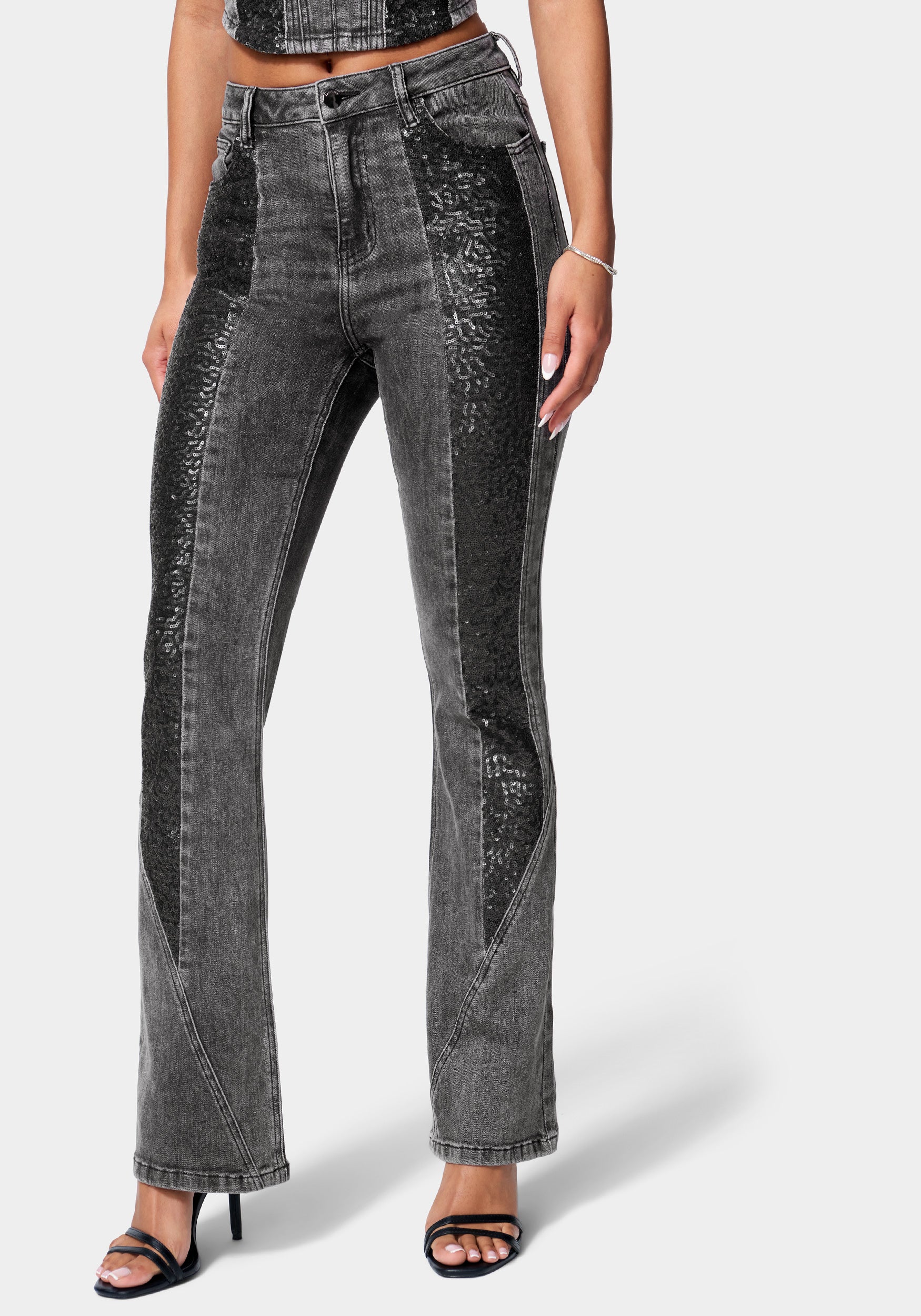 High Waist Sequin Trim Flared Jeans