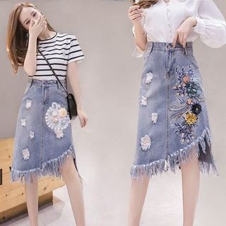 High Waist Washed Distressed Denim Midi A-Line Skirt