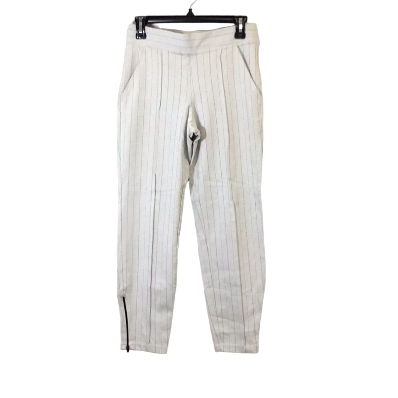 High Waisted Cropped Ankle Length White Pants With Pinstripe Pattern Flat Front And Zip Closure For Women Size 30