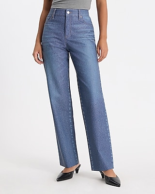 High Waisted Denim Look Faux Leather Straight Pant Blue Women's 2