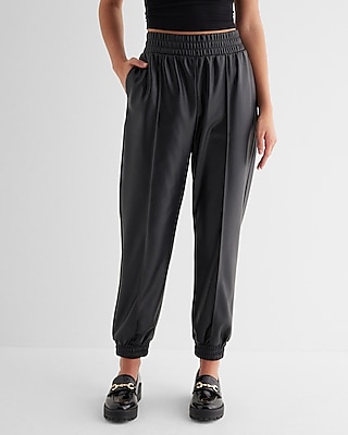 High Waisted Faux Leather Seamed Joggers