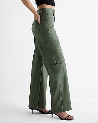 High Waisted Faux Leather Wide Leg Palazzo Cargo Pant Green Women's 00