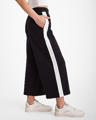 High Waisted Knit Side Stripe Cropped Wide Leg Palazzo Pant Black Women's XS