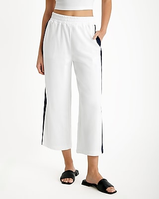 High Waisted Knit Side Stripe Cropped Wide Leg Palazzo Pant