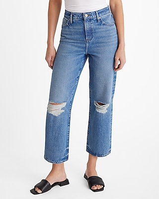 High Waisted Light Wash Ripped Relaxed Straight Ankle Jeans