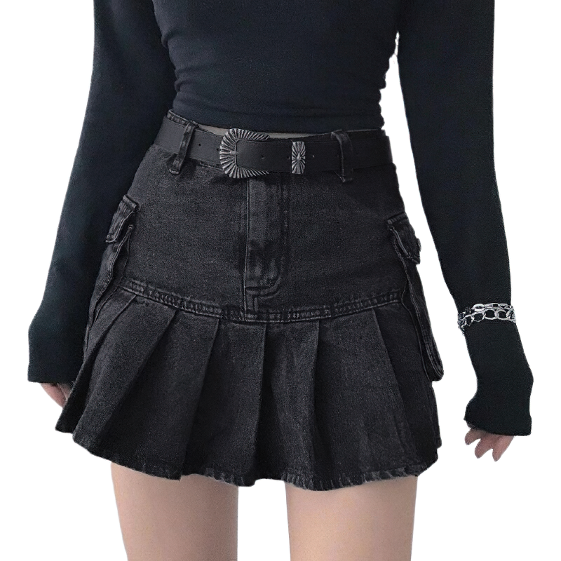 High Waisted Pleated Gothic Denim Skirts / Sexy Women's A-Line Black Mini Skirt