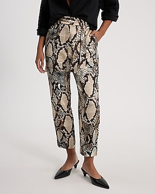 High Waisted Satin Snakeskin Belted Cargo Straight Ankle Pant