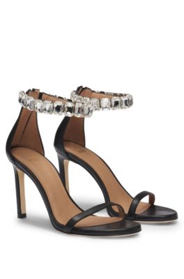 High-heeled sandals in nappa leather with rhinestone strap- Black Women's Pumps size 7.5