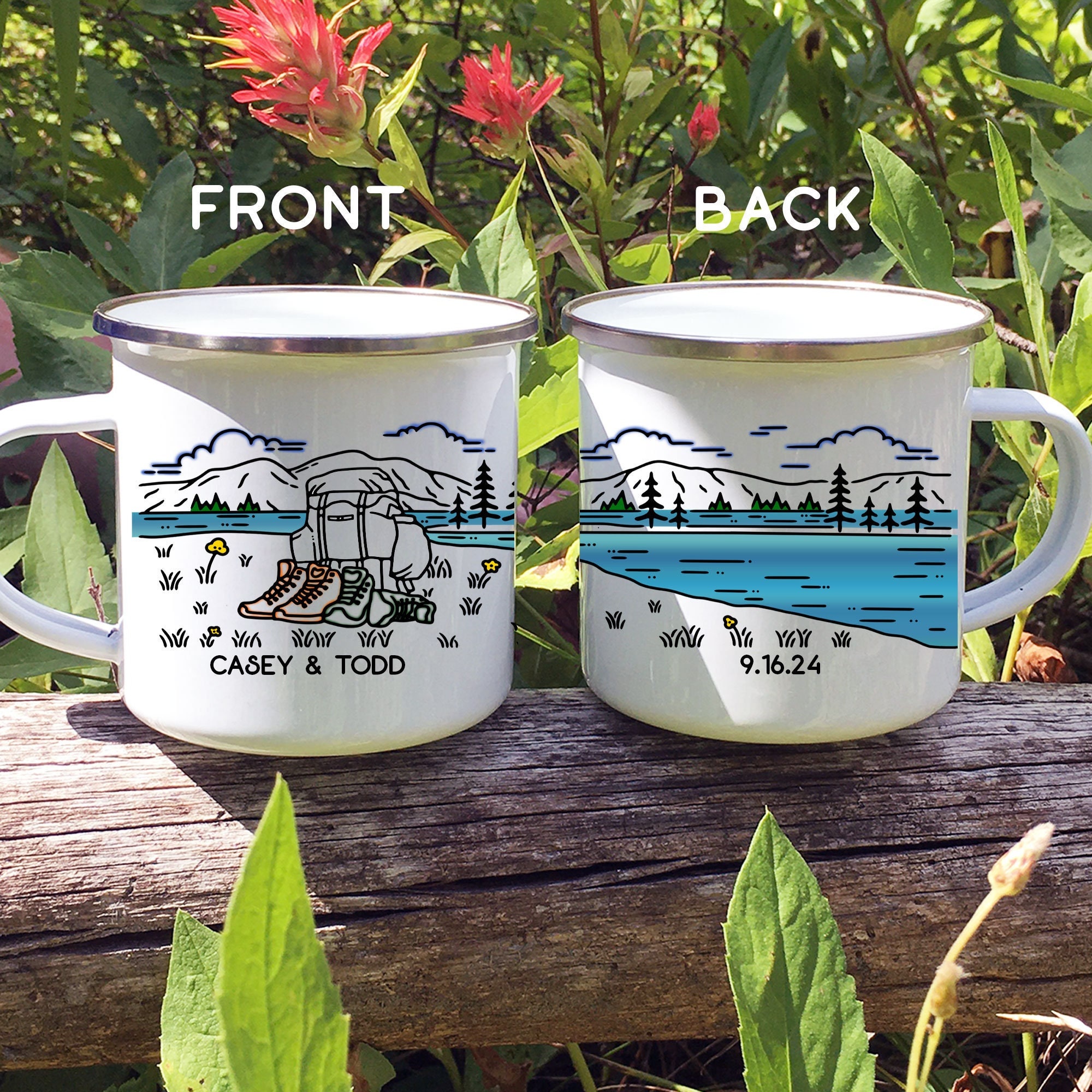 Hiking Boots Adventure Mug, Personalized Engagement Wedding Anniversary Camping Gift, Unique Custom Backpack Campfire Cup