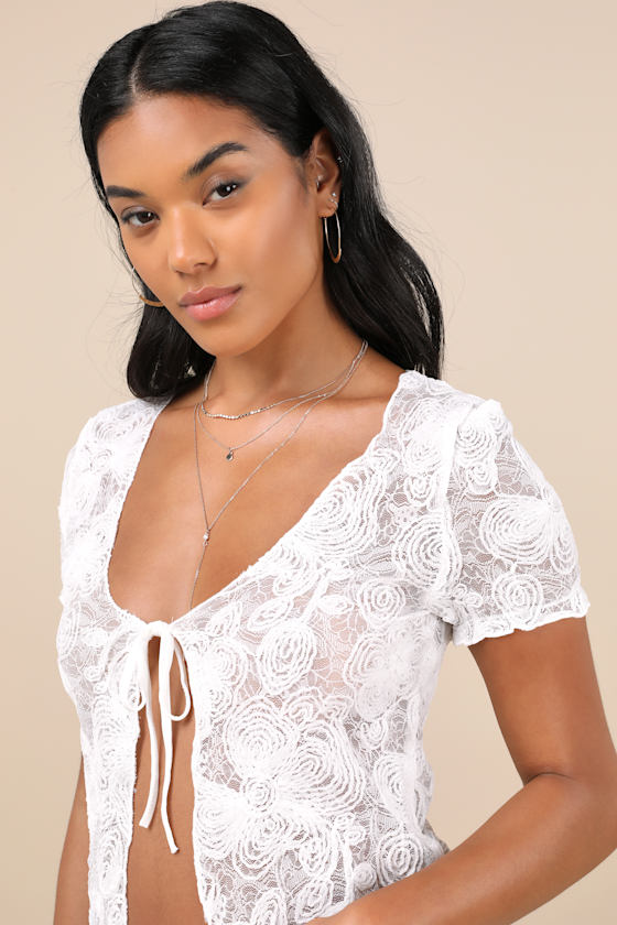 Hillary White Mesh Textured Floral Short Sleeve Tie Top