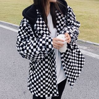 Hooded Checkerboard Zip-Up Padded Jacket