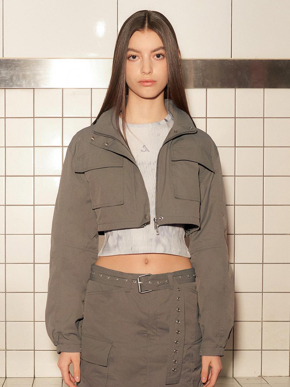 Hooded Cropped Windbreaker Jacket [Khaki-Grey]