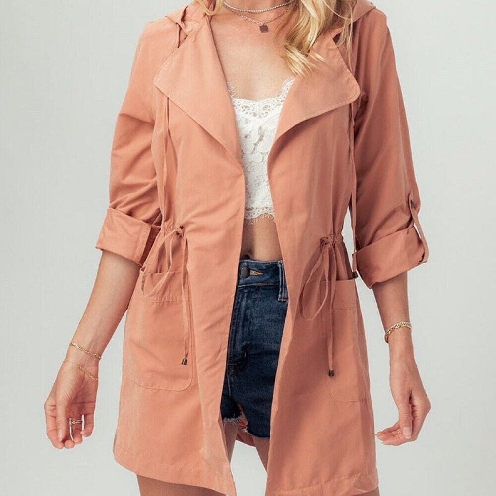 Hooded Lightweight Parka Jacket Roll Up Tab Sleeve Casual Women's Lapel Cardigan Peach Skin Super Soft Cozy Spring Summer - Black Blue