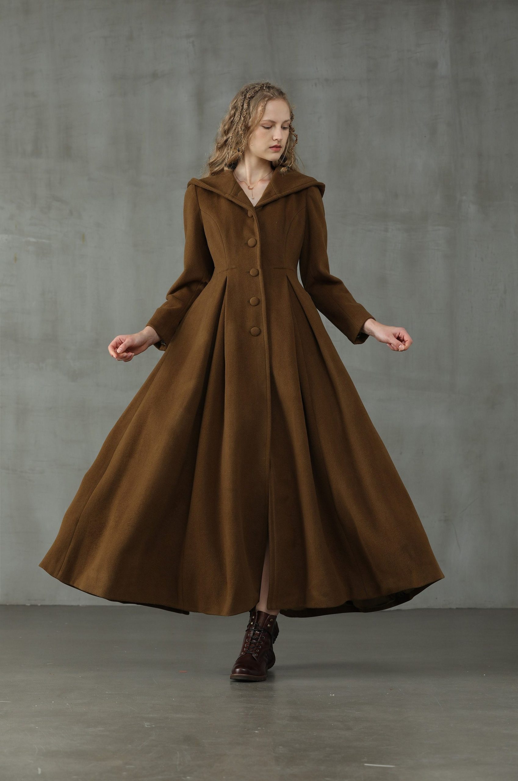 Hooded Maxi Wool Coat, Retro Camel Vintage Winter Fit & Flare Coat