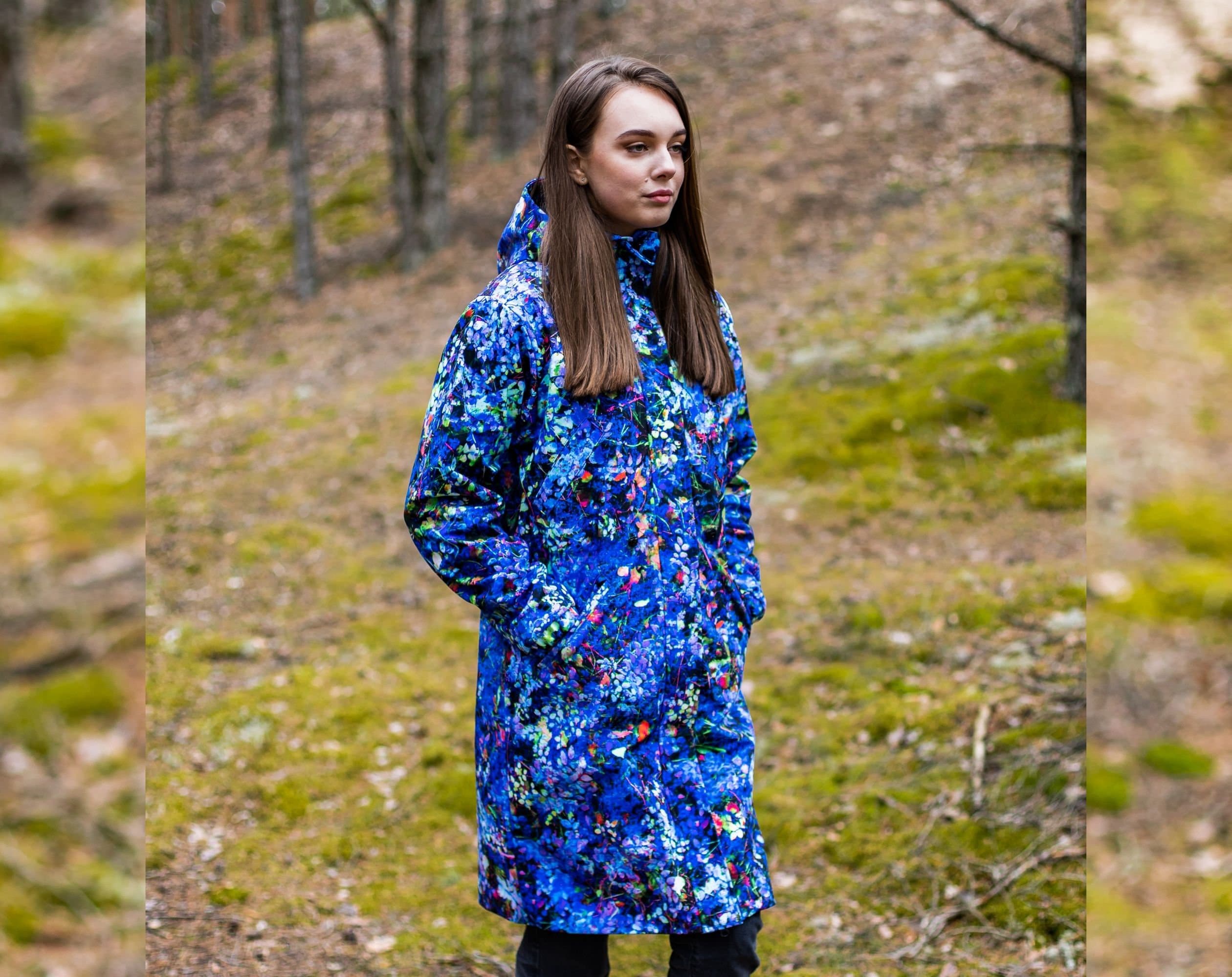 Hooded Parka, Blue Raincoat, Floral Colorful Jacket, Waterproof Women Clothing, Outerwear, Plus Size Softshell