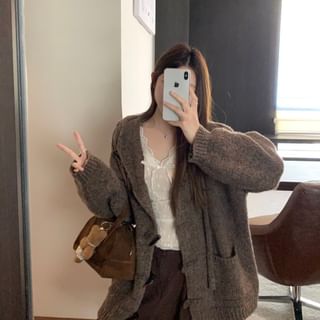 Hooded Plain Toggle Oversized Cardigan / Long-Sleeve V-Neck Lace Top