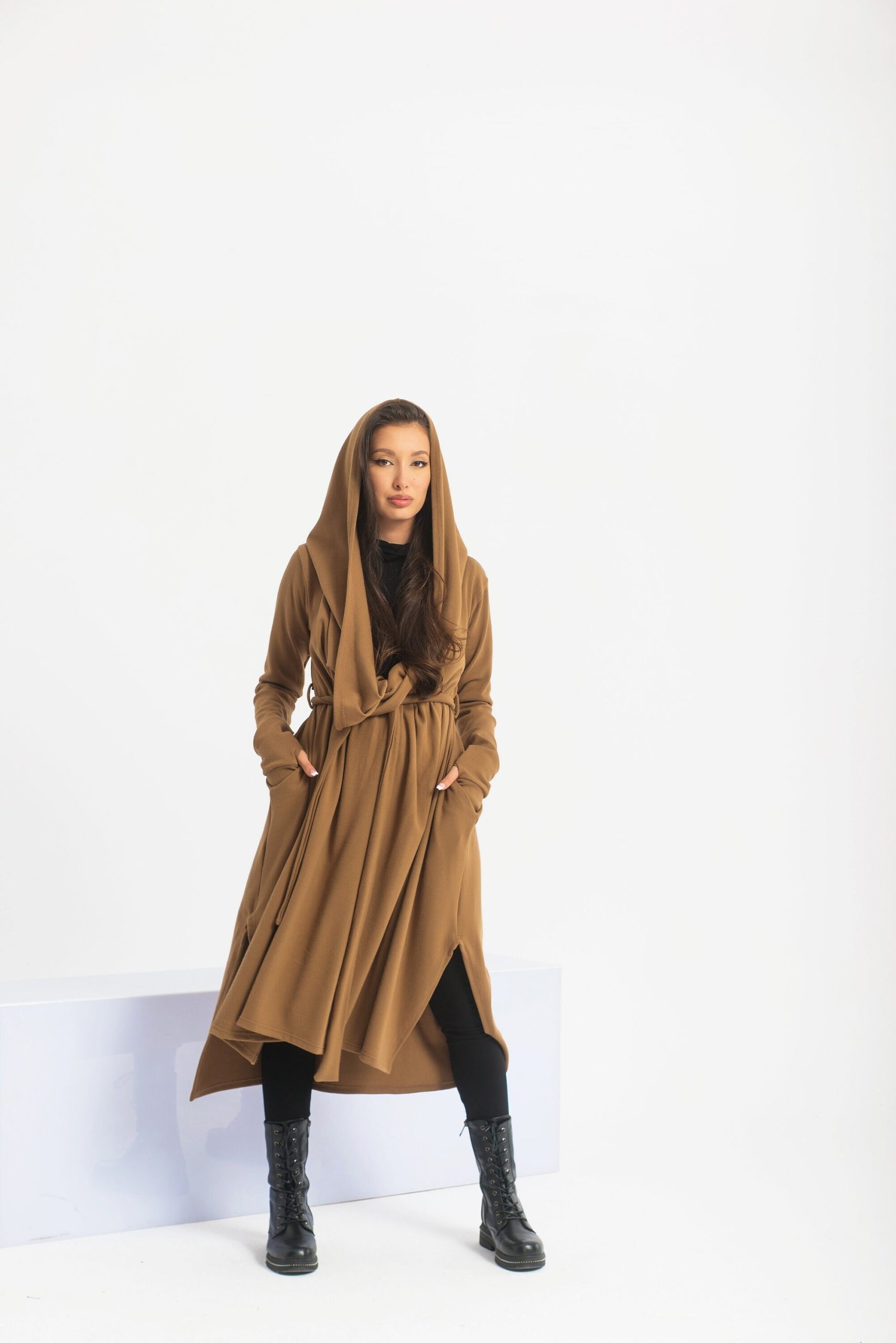 Hooded Winter Cloak, Maxi Halloween Cardigan, Long Sweater Coat, Camel Wool Cape Coat