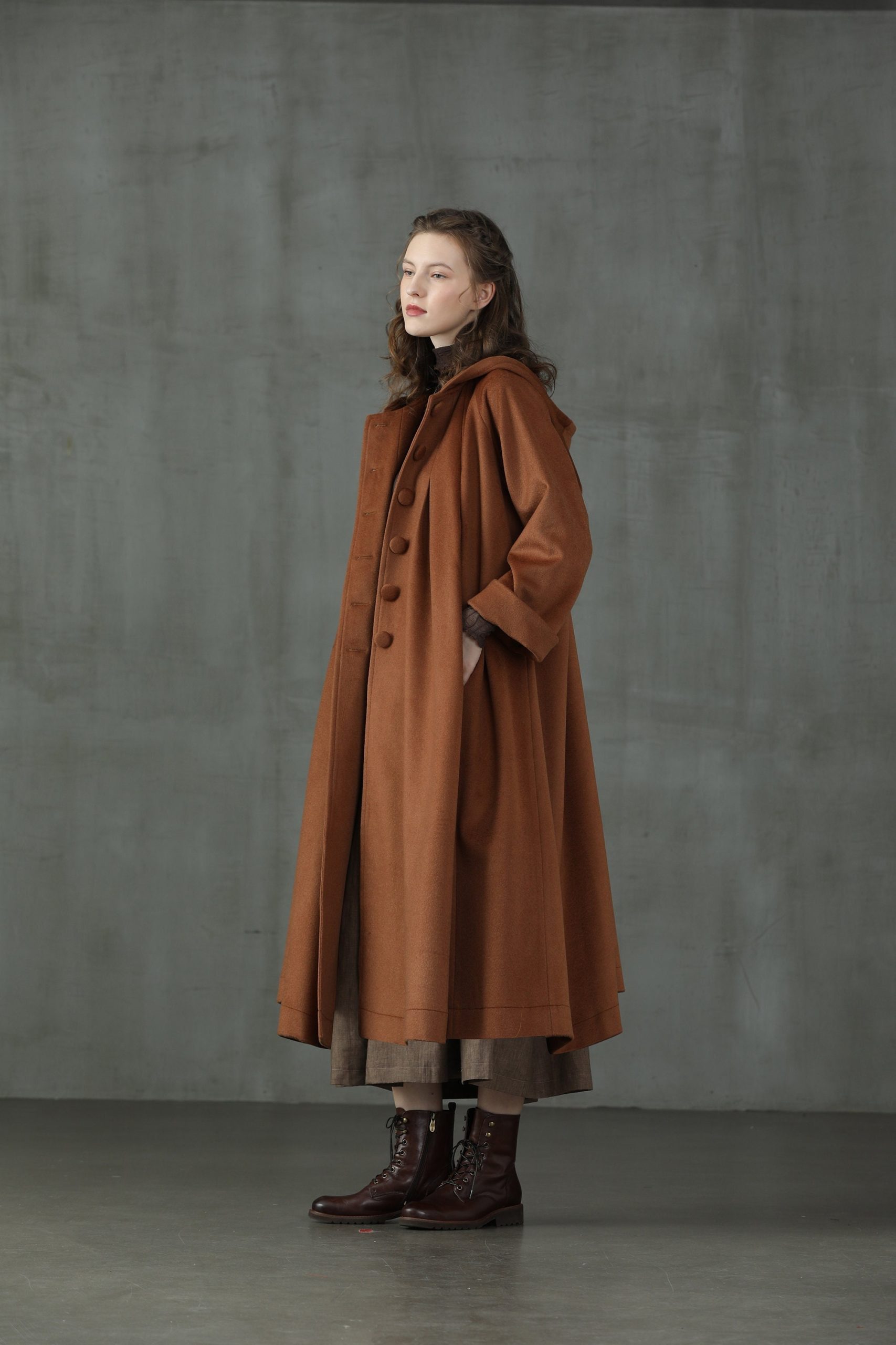 Hooded Wool Coat Jacket in Brown & Moss Green, Oversized Coat, Long Winter | Linennaive