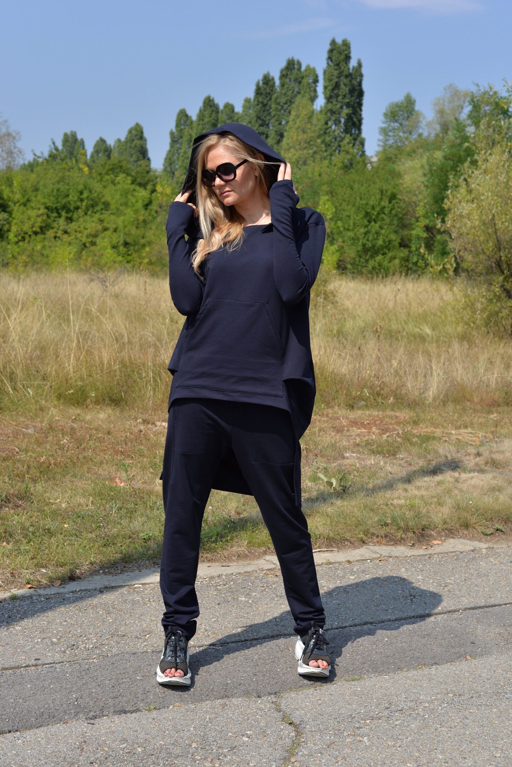 Hoodie & Joggers, Women Activewear Set, Dark Blue Lounge Wear Plus Size Clothing, Hooded Sweatsuit Woman, Sport Set