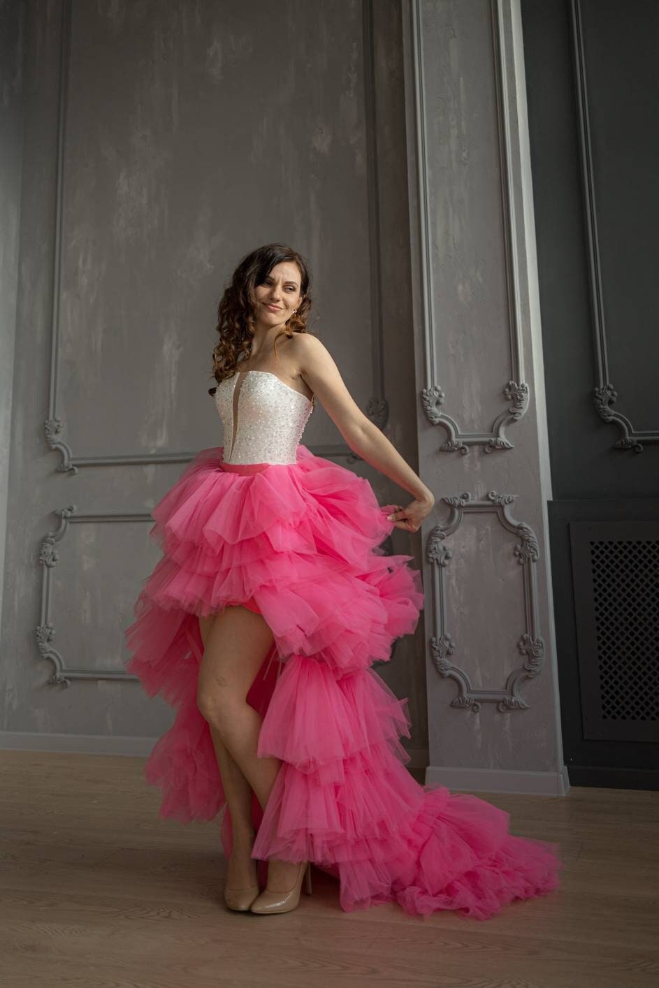 Hot Pink Tulle Skirt, High Low Tiered Bridal Gown, Formal Maxi Photoshoot Long Train Bridesmaid Skirt, Adult Tutu