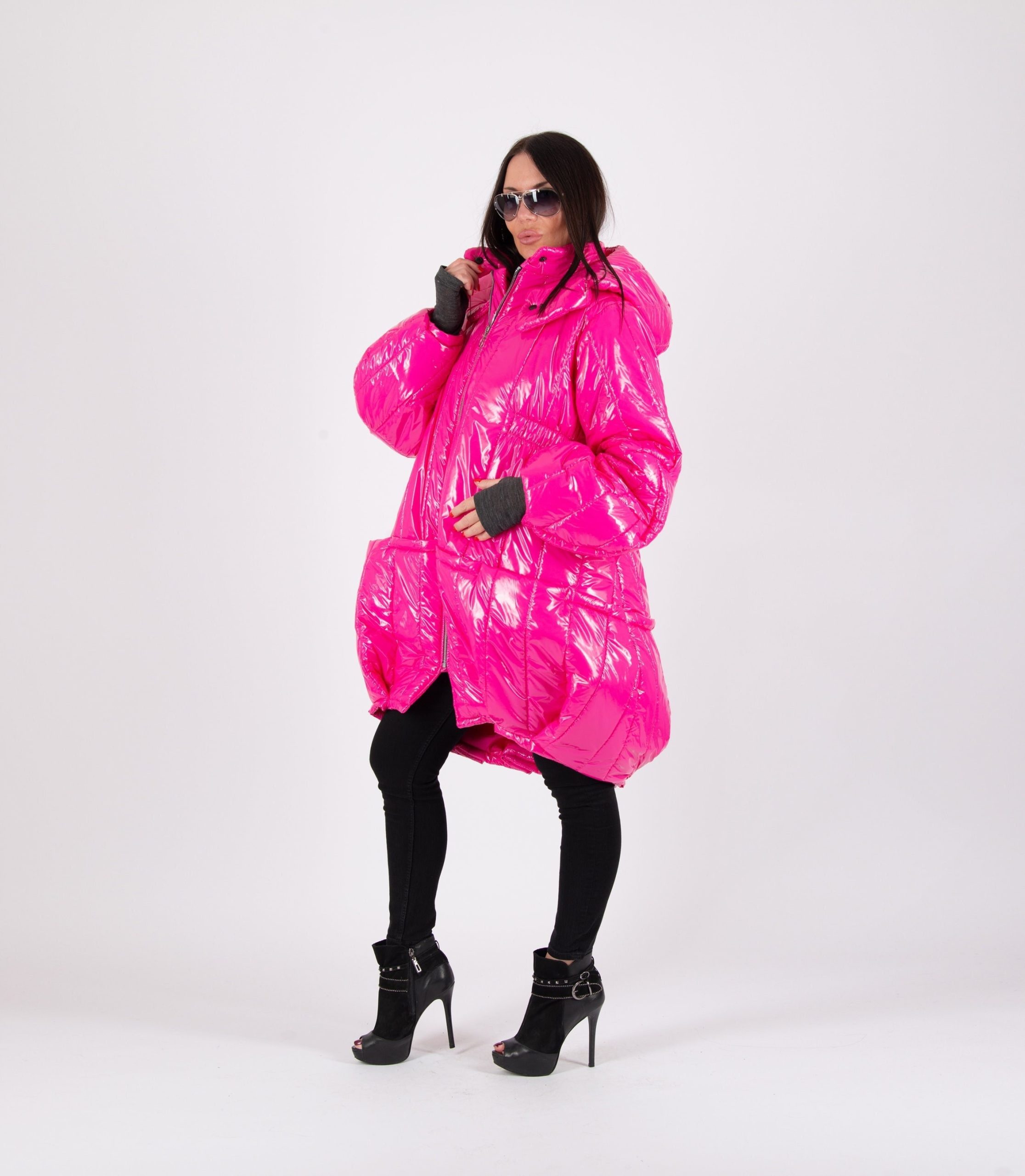 Hot Pink Women Puffer Jacket, Quilted Large Hooded Jacket With Wide Sleeves, Plus Size Winter Long Coat, Down Coat Donna - Ct0978Pl