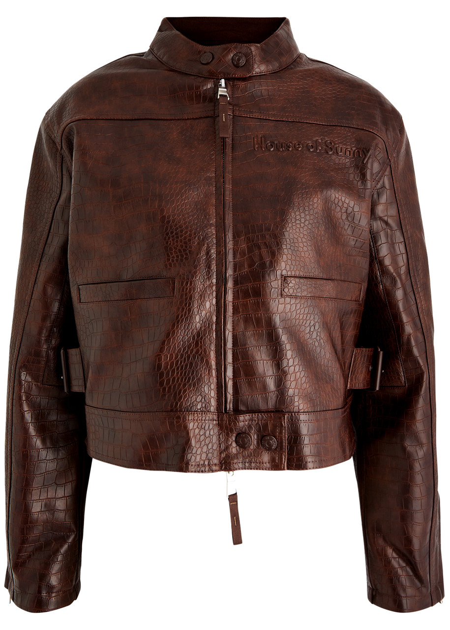 House OF Sunny Take A Trip Crocodile-effect Faux Leather Jacket - Chocolate - 12 (UK12 / M)