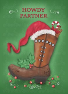 Howdy Partner Western Style Christmas with Boot Holly Candy Hat Greeting Card