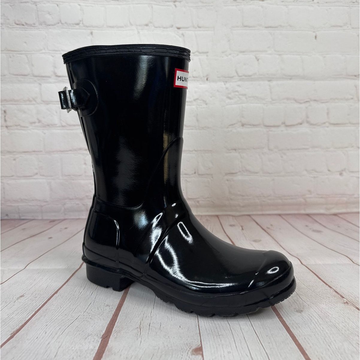 Hunter Original Short Back Adjustable Gloss Rain Black Boots, Women's (Size 6)